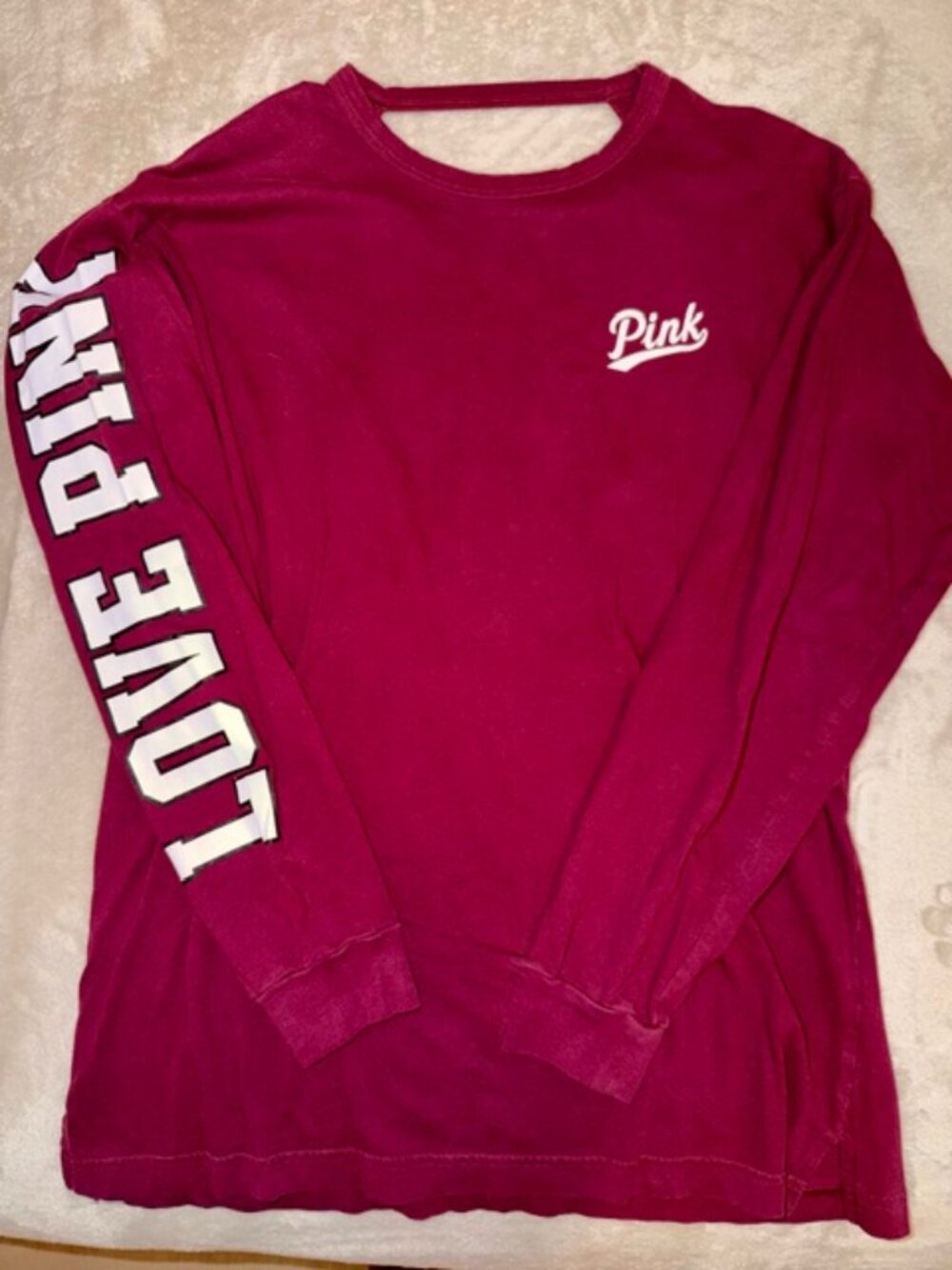 PINK Victoria’s Secret Long Sleeve Tee Burgundy Logo Sleeve Graphic Casual Top S